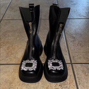 SHEIN Black Combat Boots with Crystal Accents